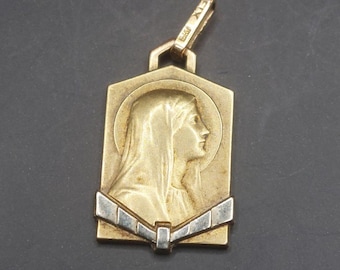 Gold plated Art Nouveau charm religious medal pendant Portrait of Mary (6384)