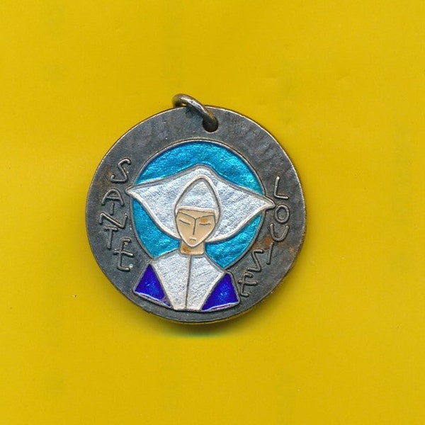 60's Large vintage sterling siver enamel charm religious medal pendant St Louise by Elie Pellegrin ( ref 5071)
