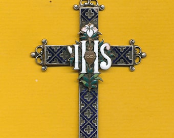 Antieke Franse verzilverde bronzen geëmailleerde religieuze kruisbedel hanger IHS - BLOEM (ref 1800)