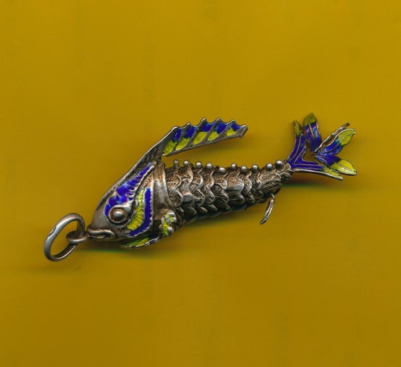 Pendentif-charme Vintage Double Poisson Articulé - émail Mauve - Occasion Bon état