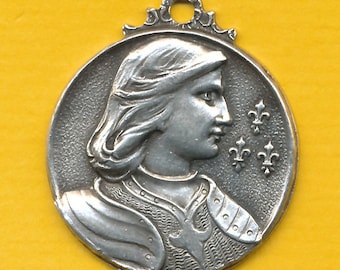 Grote zilveren legering religieuze medaille charme Hanger Sainte Jeanne d'Arc - St Jeanne d'Arc - St Jane of Arc (ref 2038)