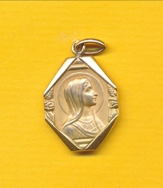 French Art Deco gold plated Religious Medal pendant Portrait The Virgin  Mary - Lourdes catholic charm medal (ref 1535)