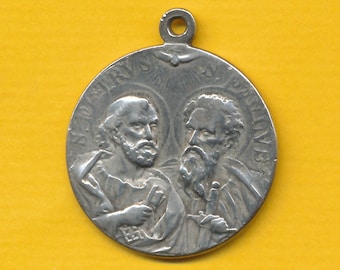 Antieke zilveren Charme Religieuze Medaille hanger die Sint Paulus en Sint Petrus voorstelt - Paus Pius X (ref 1968)