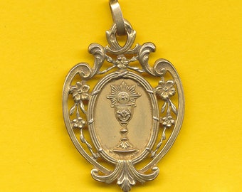 Antiek GOUD 18k charme Victoriaanse medaille hanger Communie - Kelk (ref 3144)