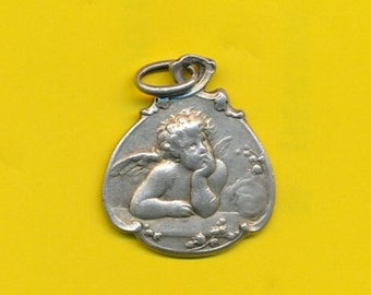 Art Nouveau sterling zilver metaal Religieuze charme Medaillehanger Engel naar Raphael (ref 5131)