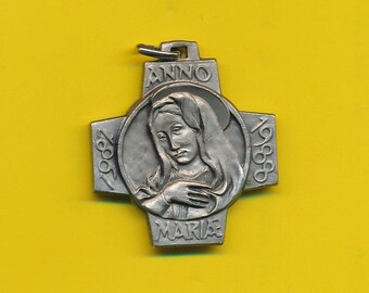 Art Modern grote verzilverde metalen bedel religieuze medaille portret van Maria (ref 4500)