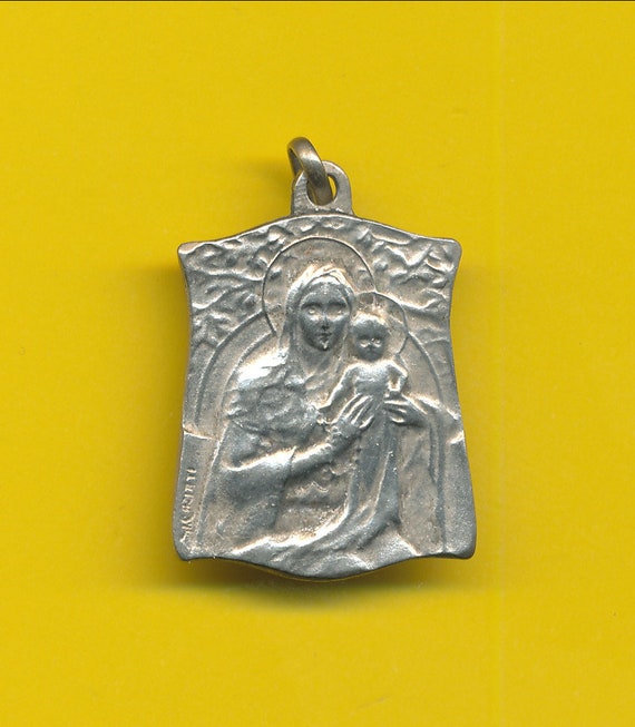 Pendentif Ancien Médaillon Religieux - Métal Argenté - Vierge Et Jésus - Vintage