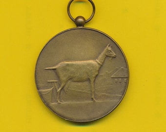 Puede incluir: Una medalla de bronce con un diseño de cabra. La cabra está de pie en un campo de hierba con un pequeño edificio en el fondo. La medalla tiene un bucle en la parte superior para colgar.
