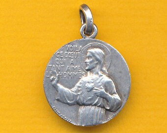 Vintage Franse zilveren legering charme religieuze medaille hanger Heilig Hart van Jezus en Maagd Carmeli (ref 1384)