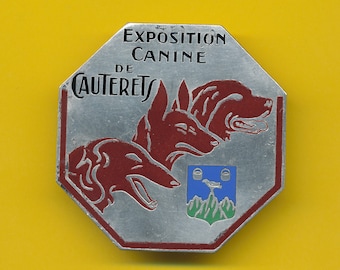 Zeldzame vintage verzilverde metalen en emaille Art charme medaille die een hond Dog Show de Cauterets vertegenwoordigt (ref 3555)