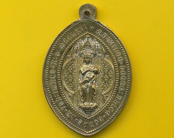 Grote antieke bronzen bedel religieuze medaille hanger Our Lady of Hal - canon ball (ref 4494)