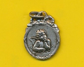 Art Nouveau verzilverde metalen bedel religieuze medaille hanger Engel naar Raphael - Onze Lieve Vrouw van Fourvière Lyon - Leeuw (ref 5132)