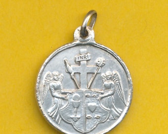 Antieke verzilverde bronzen bedel religieuze medaille hanger St Sacrament Medal (ref 2197)