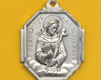 Grote verzilverde metalen bedel religieuze medaille Hanger Kruis van Sint Franciscus van Assisi (ref 2906)