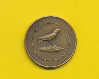 Antieke bronzen kunstmedaille Vogel - kanarie eerste Parijse Internationale Ornithologische Tentoonstelling (ref 4698)