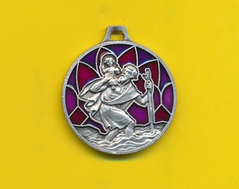 Antiek verzilverd metaal en paars geëmailleerde religieuze medaille St Christopher - St Rita van Cascia (ref 4479)