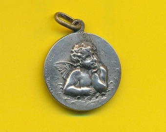 Art Nouveau verzilverde metalen bedel religieuze medaille hanger Engel naar Raphael en Onze Lieve Vrouw van Hal (ref 4883)