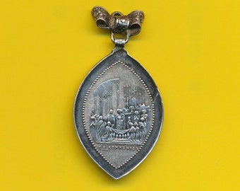 Art Nouveau sterling zilveren bedel religieuze medaille hanger 1e communie medaille gedateerd 1877 (ref 5134)