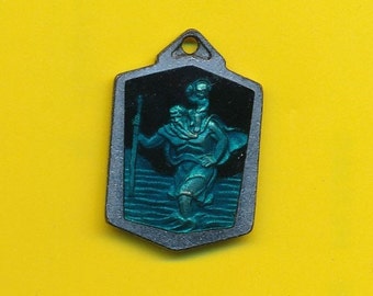 Antiek verzilverd metaal en blauwe emaille bedel religieuze medaille St Christopher (ref 4484)