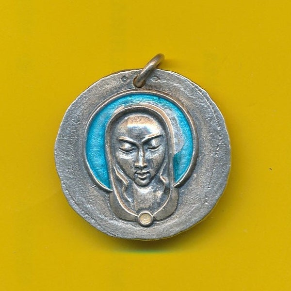 60's Large vintage sterling siver enamel charm religious medal pendant Portrait of Mary by Elie Pellegrin ( ref 5073)