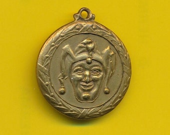 Antieke bronzen bedelmedaillehanger met afbeelding van een masker - King's Fool - Jocker - Carnival Fleurus (ref 4938)