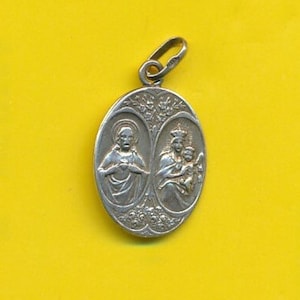 Vintage charm Sterling Silver Religious medal pendant Our Lady of Mount Carmel - Virgo Carmeli - Sacred Heart of Jesus (Ref 4472)