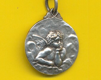 Art Nouveau silver plated charm religious medal pendant representing Angel after Raphael  (ref 3568)
