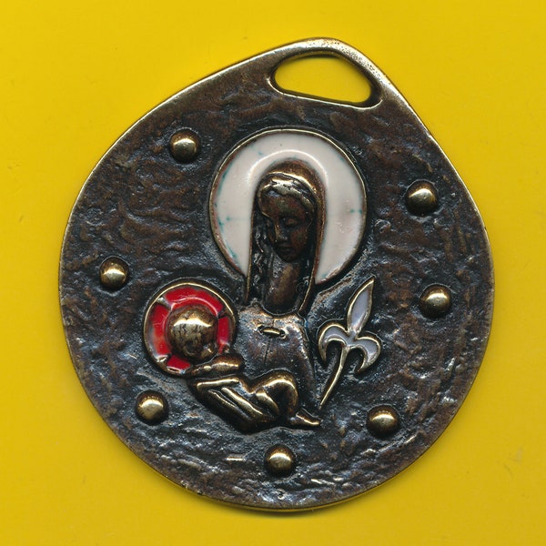 Large Art Deco solid bronze enamel charm religious medal pendant signed Elie Pellegrin Portrait of Mary with Child Jesus  (ref 3954)