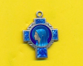 Art Nouveau sterling zilver blauw emaille charme religieus kruis medaille hanger Portret van Maria - Onze Lieve Vrouw van Montaigu (ref 4396)