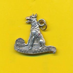 May include: A silver-colored metal pin featuring a seated dog with a red cross on its chest. The dog is wearing a collar and is positioned above a banner that reads "PORTE BONHEUR". A hat is placed to the left of the dog.