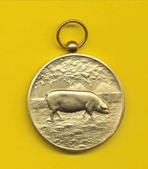 Art Deco Golded Bronze Medal Pendant Contest Pig Pork 1959 (ref