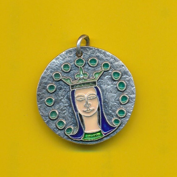 60's Large vintage sterling siver enamel charm religious medal pendant Portrait of Mary by Elie Pellegrin ( ref 5075)