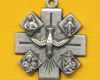 Vintage silvered charm religious medal pendant Bird - Holy Spirit Symbol four way medal (ref 2662)