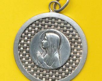 Portret van Maria grote verzilverde modernistische Charme Religieuze Medaille hanger (ref 3285)