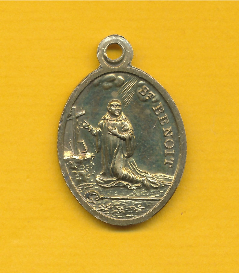ref 2598 Antique bronze Religious Charm Medal Pendant St Bernard and St Benedict exorcist