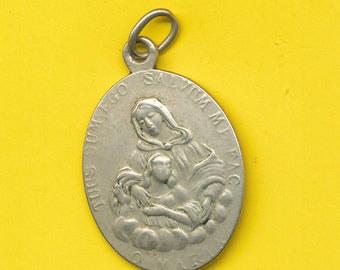 Antieke verzilverde bedel religieuze medaille hanger Maria - Heilig Hart symbool - Heilige Geest symbool (ref 3996)