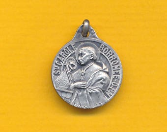 Antieke sterling zilveren charme religieuze medaille Hanger Sint Charles Borromeo Apostel van het concilie van Trente (ref 1151)