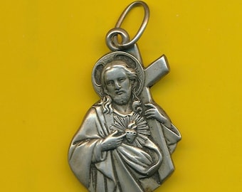 Sacré Coeur de Jésus - Ancienne et grande médaille religieuse en métal argenté (ref 4504)