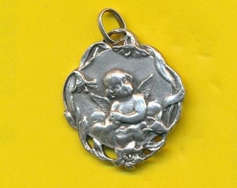 Art Nouveau sterling silver charm medal pendant medal Angel  - Cherub (ref 4466)