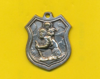 Vintage verzilverde bronzen bedel religieuze medaille hanger Sint-Hubertus Heilig Hert - Sint-Hubertushert en Sint-Christoffel (ref 5147)