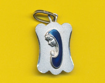 French Modernist sterling silver enamel charm religious medal portrait of Mary  (ref 3339)