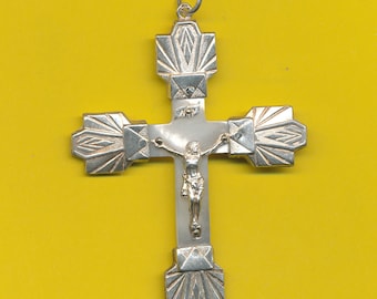 Grote antieke Victoriaanse sterling zilver en parelmoer charme religieuze kruis hanger (ref 3185)