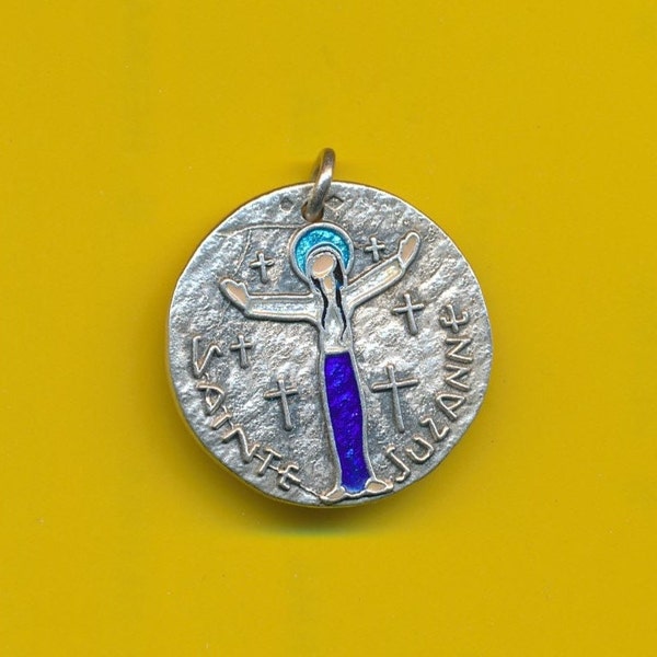 60's Large vintage sterling siver enamel charm religious medal pendant St Suzanne - Susanna by Elie Pellegrin ( ref 5069)