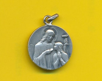 Antieke Art Nouveau Franse sterling zilveren religieuze medaille St John en Jesus communie medaille door Tairac (ref 4923)