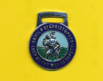 Vintage verzilverd metaal en geëmailleerde bedel religieuze medaille St Christopher (ref 4482)