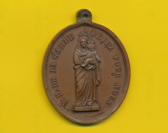 Grote antieke bronzen bedel religieuze medaille hanger Onze Lieve Vrouw van de Wacht Marseille (ref 4649)