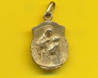 Art Nouveau Franse vergulde charme religieuze medaille hanger die Jezus en communicant vertegenwoordigt (ref 4833)