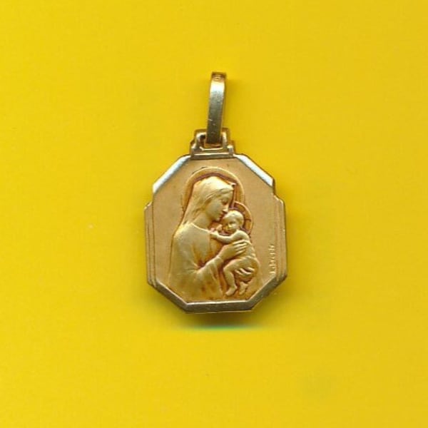 Art Nouveau gold plated  charm Religious Medal pendant Portrait of Mary and Jesus by Dropsy (ref 4728)