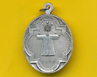 Antieke verzilverde bedel religieuze medaille hanger de Heilige Tuniek Relikwieën Naadloos gewaad van Jezus in Trier 1933 (ref 5144)