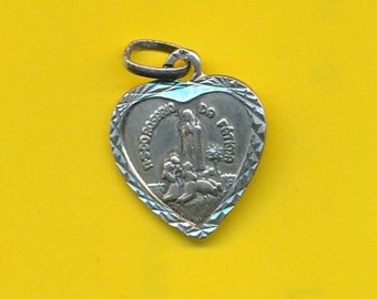 Antieke sterling zilveren bedel religieuze medaille hanger Onze Lieve Vrouw van Fatima - Heilig Hart van Jezus (ref 4470)